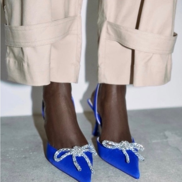 Zara Shoes - NWT Zara Embellished Bow Heeled Slingback in Blue 7.5